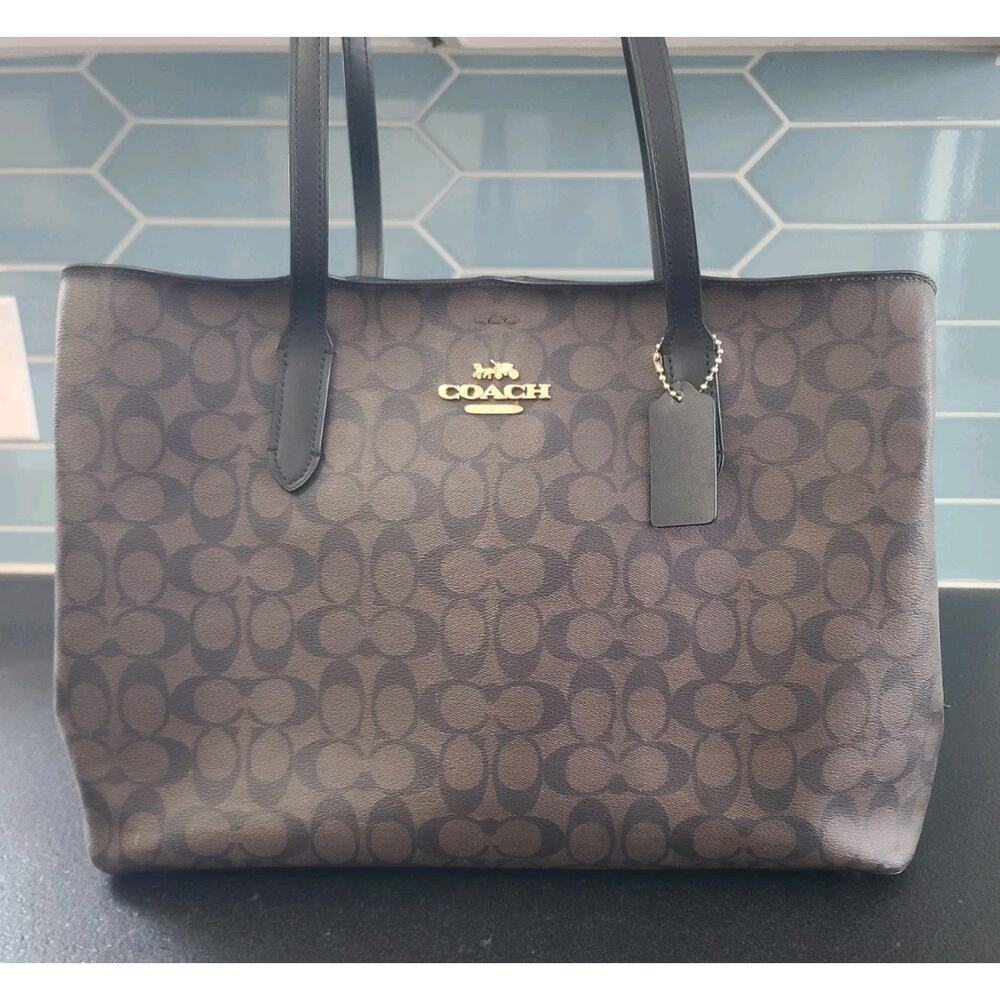 Coach Authentic Brown Signature Coated Canvas Large Avenue Carryall Tote - Picture 3 of 16